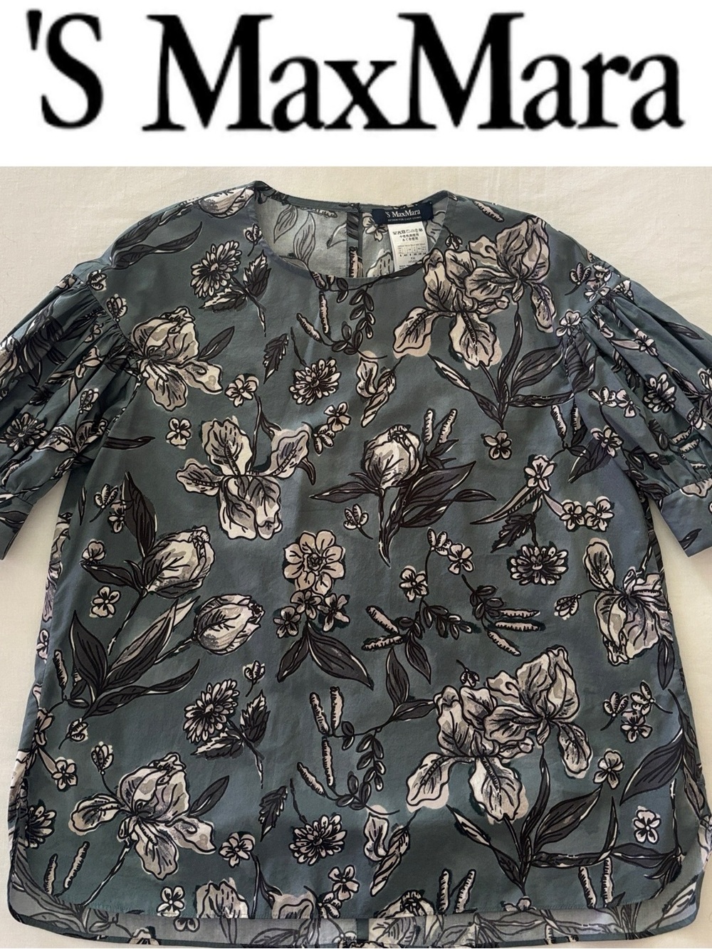 MaxMara Slate Green Floral Puff-Sleeve Blouse -Sz 6
